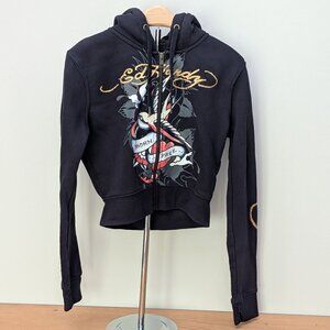 Ed Hardy Women's Black "Born Free" Swallow Rose Zip Up Hoodie Gold Foil Detail M